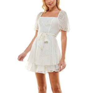 B Smart white puff sleeve layered mini dress with sash waist size 7 Junior